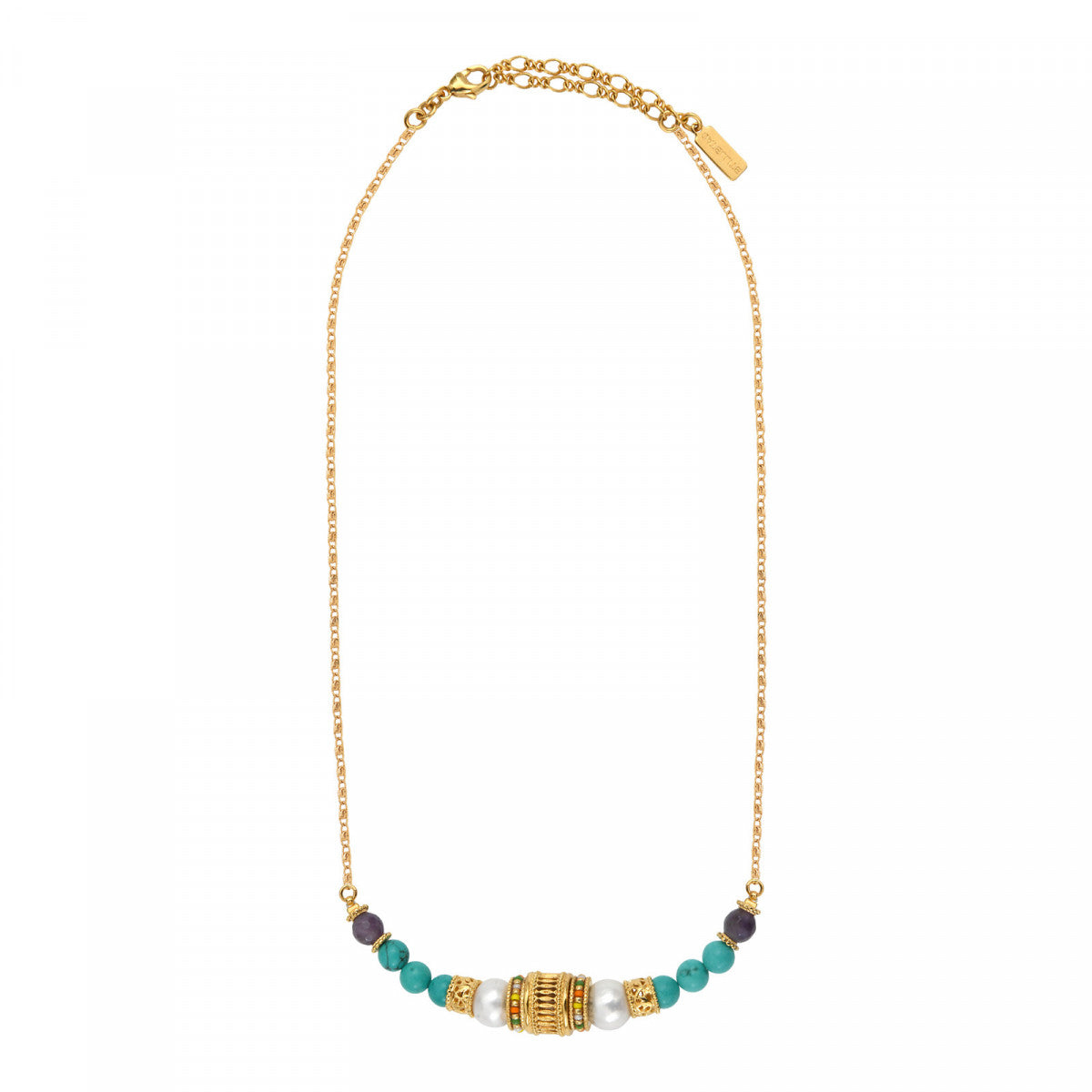 Collier chaîne réglable Tiki filigrane perles de rivière Turquoise