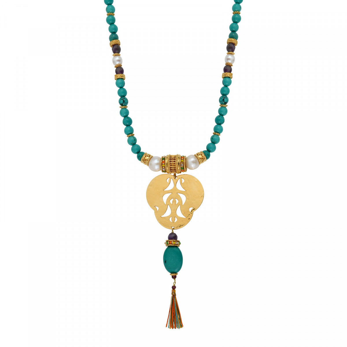 Collier sautoir en perles turquoise pendentif tribal Tiki Turquoise