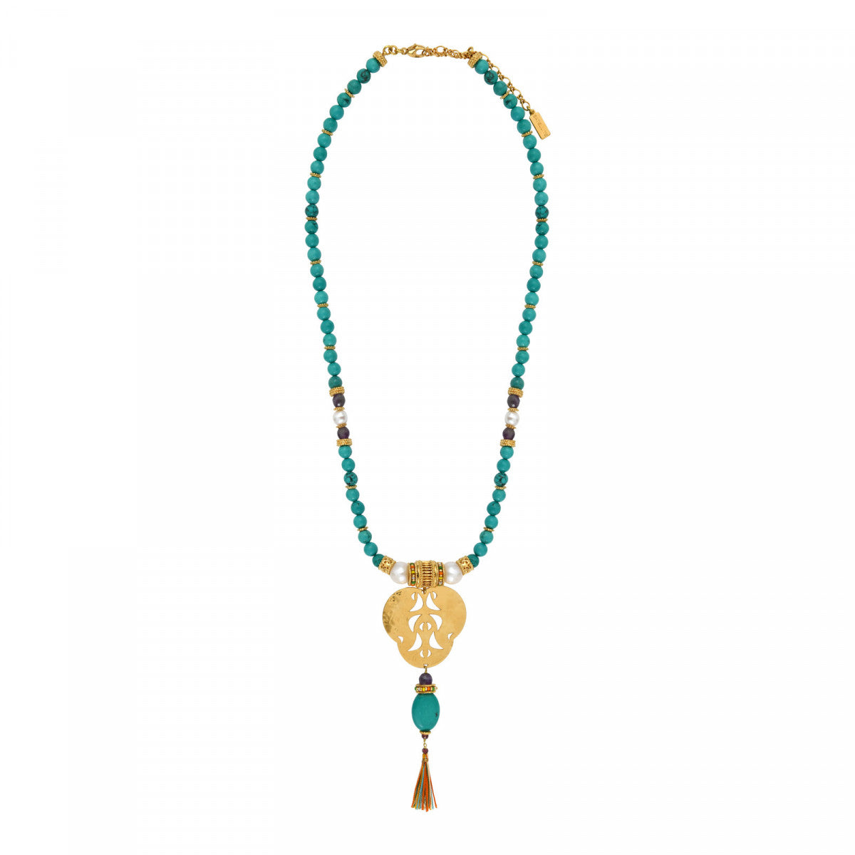 Collier sautoir en perles turquoise pendentif tribal Tiki Turquoise