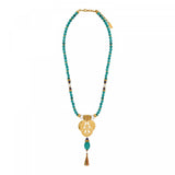 Collier sautoir en perles turquoise pendentif tribal Tiki Turquoise
