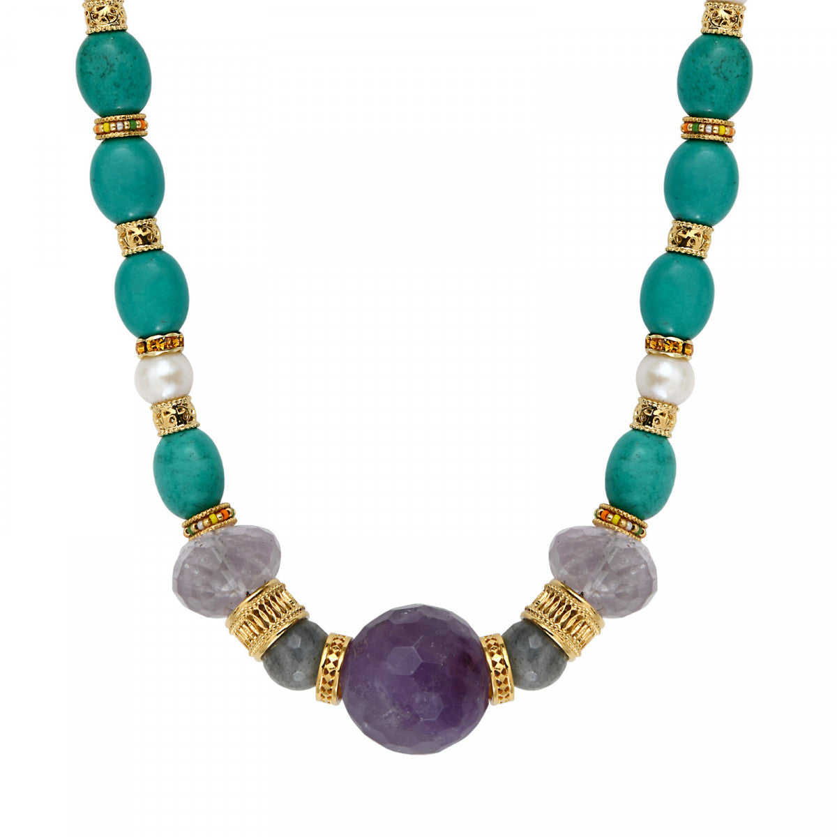 Collier court en perles gemmes et améthyste Tiki Turquoise