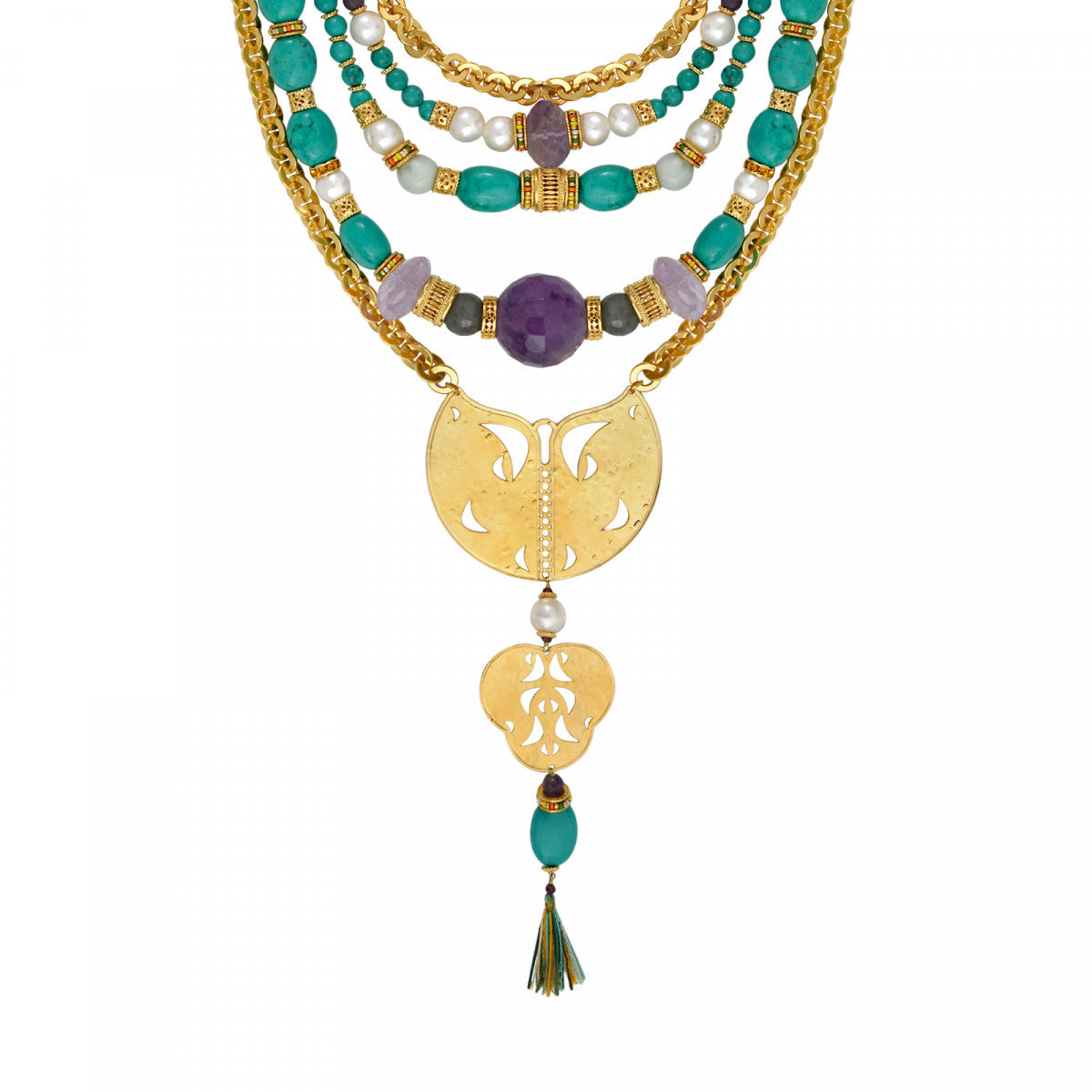 Collier plastron multi rangs perles de rivière et gemmes Tiki Turquoise