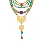 Collier plastron multi rangs perles de rivière et gemmes Tiki Turquoise