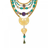 Collier plastron multi rangs perles de rivière et gemmes Tiki Turquoise