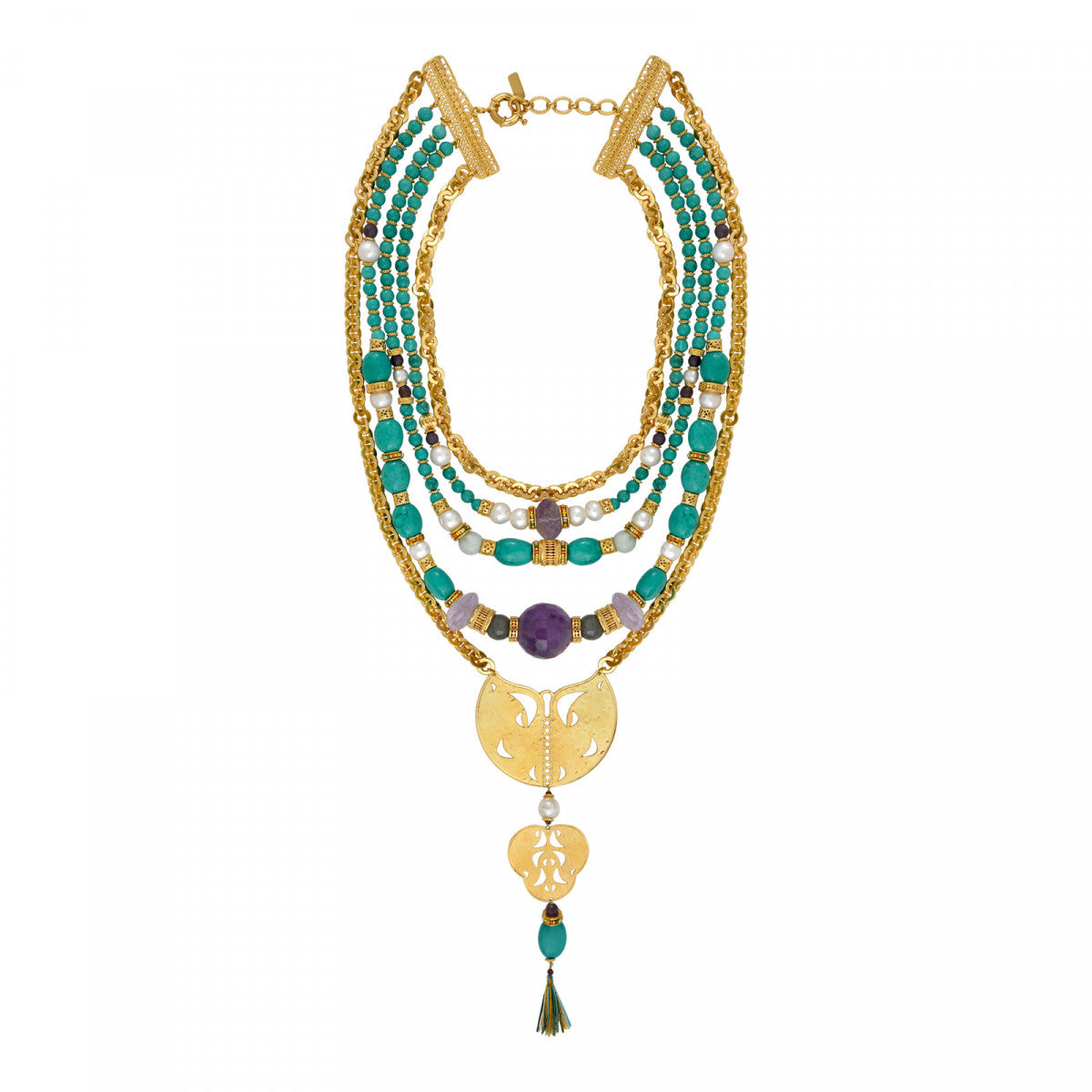 Collier plastron multi rangs perles de rivière et gemmes Tiki Turquoise