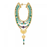 Collier plastron multi rangs perles de rivière et gemmes Tiki Turquoise