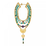 Collier plastron multi rangs perles de rivière et gemmes Tiki Turquoise