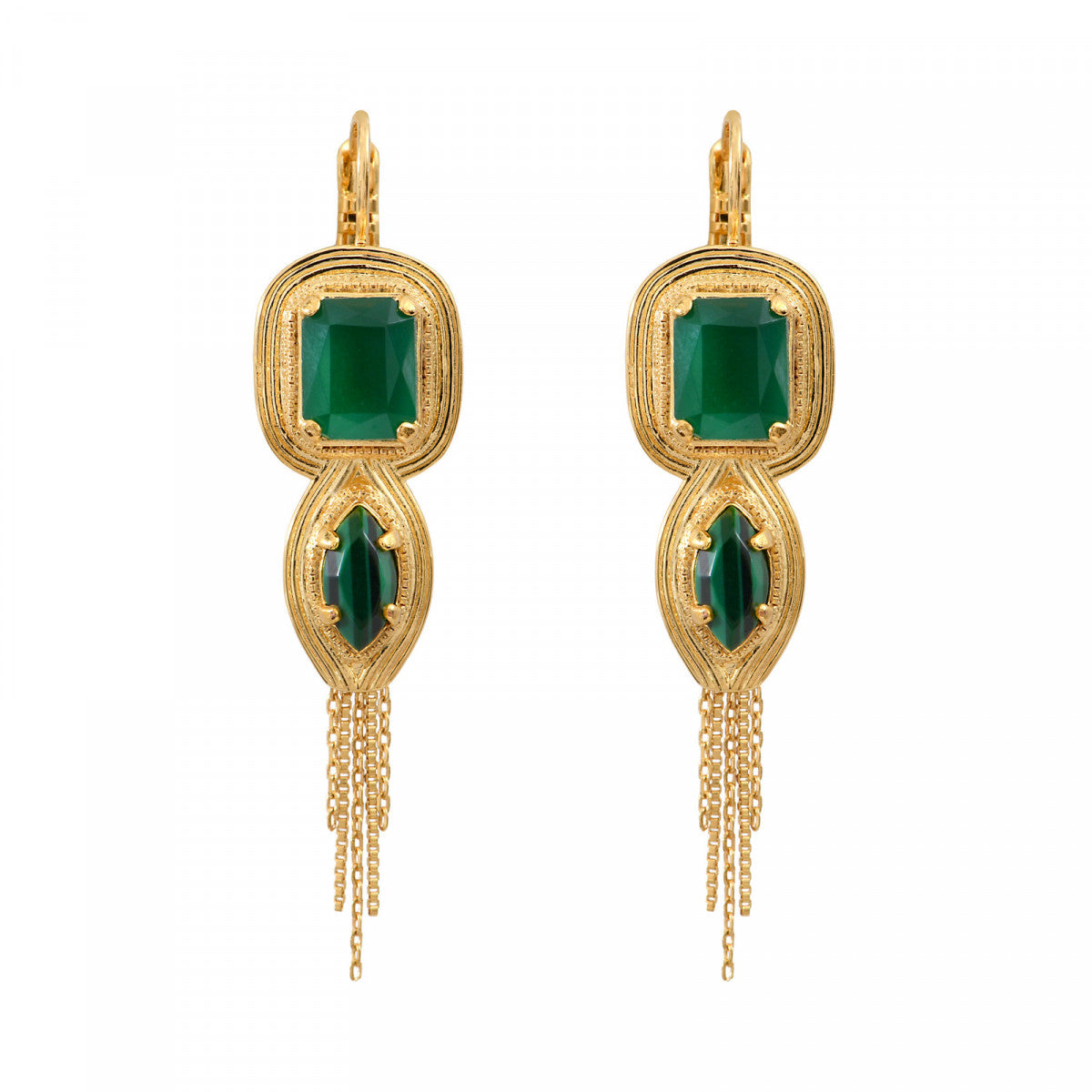Boucles d'oreilles dormeuses dorées cabochons pompon - vert Vert