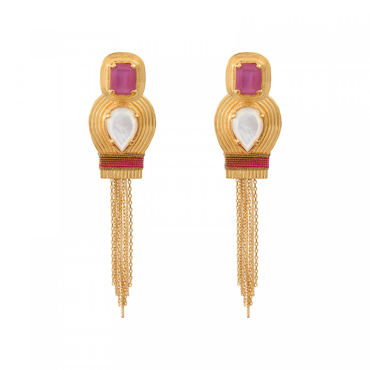 Boucles d'oreilles clips pendantes cabochons pompon - rose Nacre rose