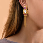 Boucles d'oreilles clips pendantes cabochons pompon - rose Nacre rose