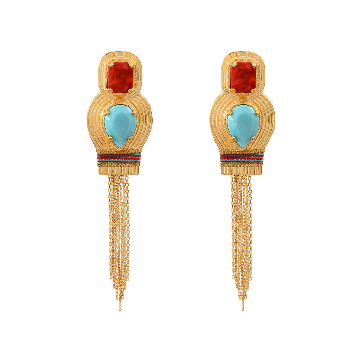 Boucles d'oreilles clips bohèmes cabochons pompon - turquoise Turquoise corail