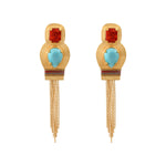 Boucles d'oreilles clips bohèmes cabochons pompon - turquoise Turquoise corail