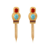 Boucles d'oreilles clips bohèmes cabochons pompon - turquoise Turquoise corail