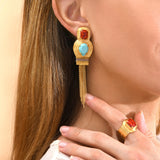 Boucles d'oreilles clips bohèmes cabochons pompon - turquoise Turquoise corail