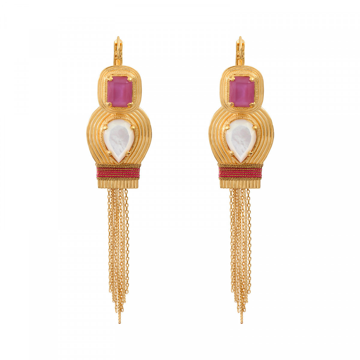 Boucles d'oreilles dormeuses pendantes cabochons pompon - rose Nacre rose