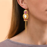 Boucles d'oreilles dormeuses pendantes cabochons pompon - rose Nacre rose