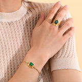 Bracelet fin réglable fantaisie métal doré cabochon - vert Vert