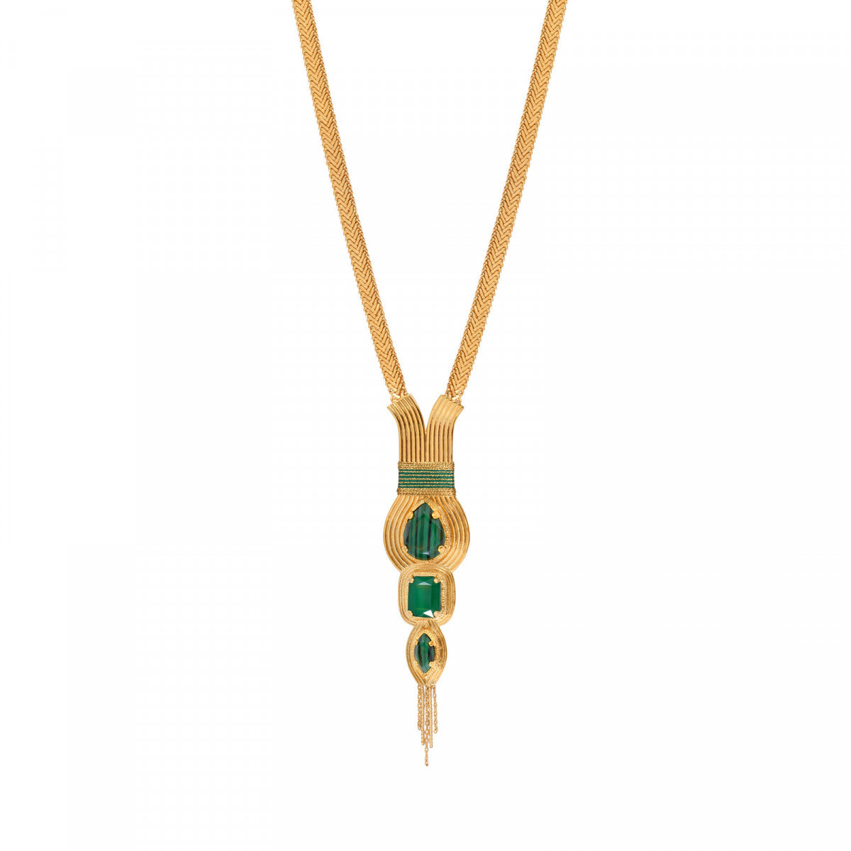 Collier sautoir réglable malachite reconstituée filigrane - vert Vert