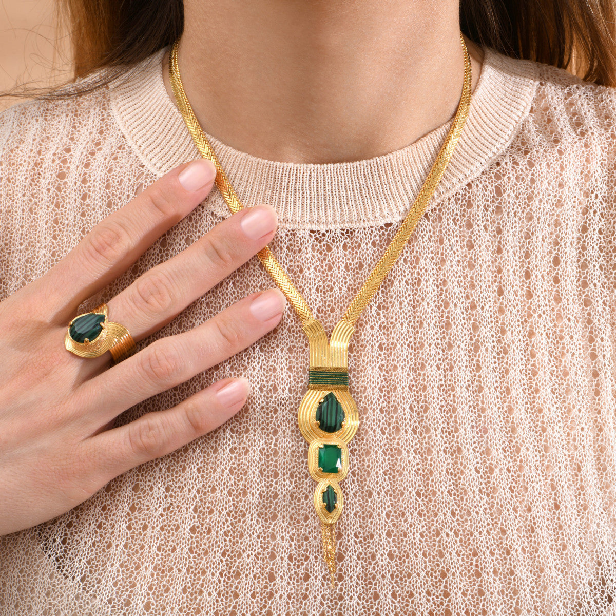 Collier sautoir réglable malachite reconstituée filigrane - vert Vert