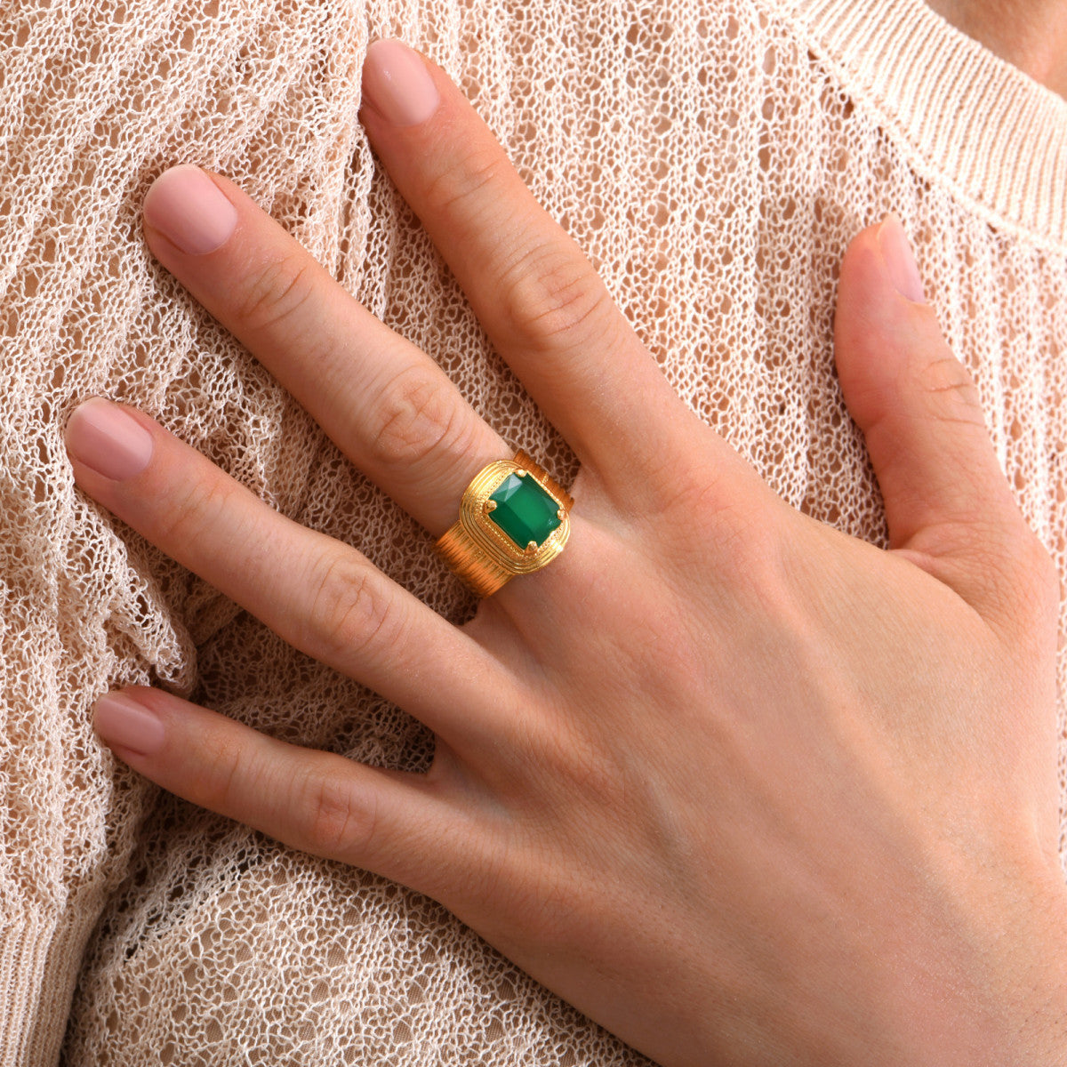 Bague large ajustable cabochon facetté - vert Vert