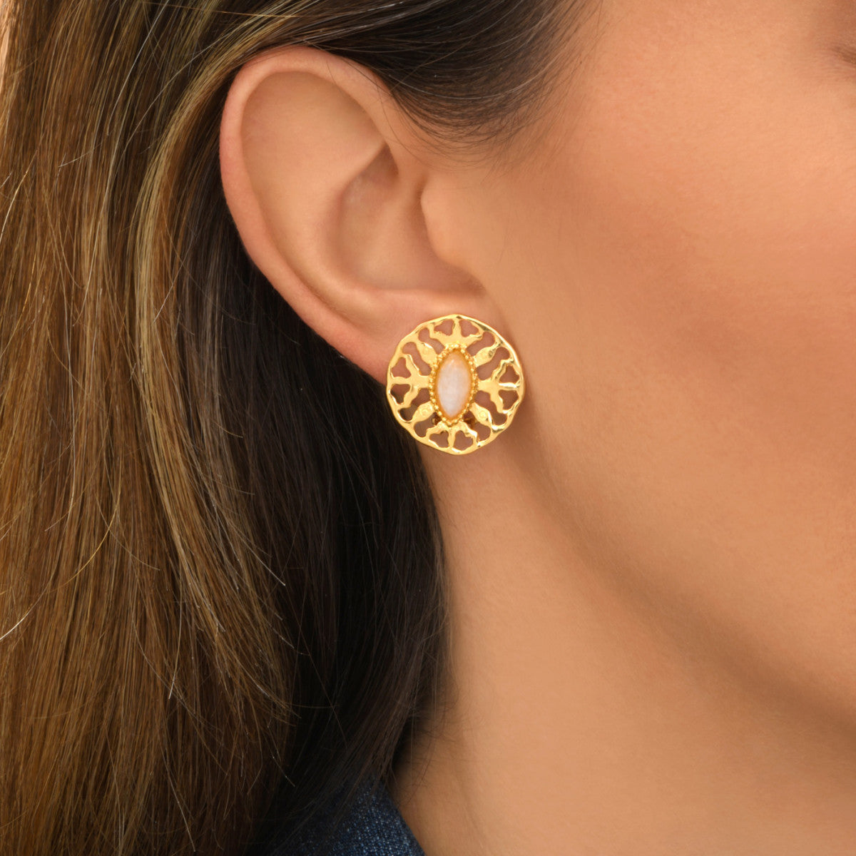 Boucles d'oreilles clips Arizona Dream cabochon pierre de lune - blanc Noir blanc