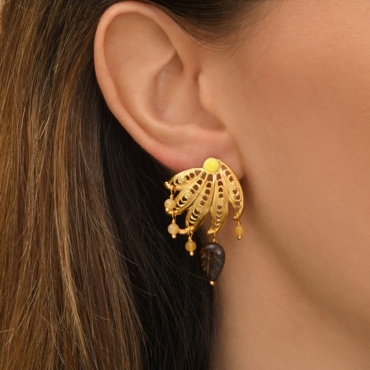 Boucles d'oreilles Arizona Dream oeil de tigre et perles de jade teinté - doré Dore
