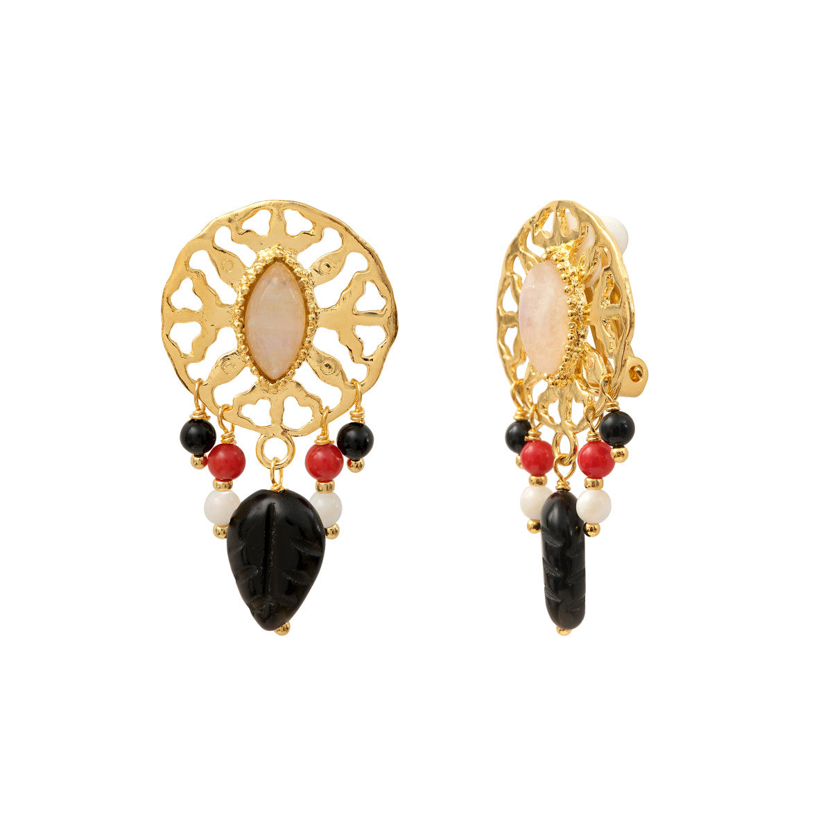 Boucles d'oreilles clips Arizona Dream obsidienne perles de nacre - noir Noir blanc