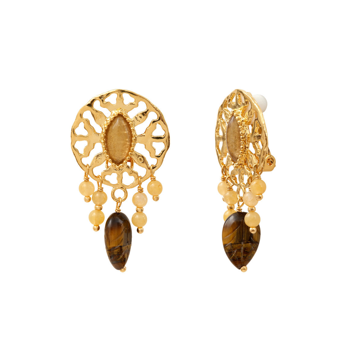 Boucles d'oreilles clips Arizona Dream oeil de tigre perles en jade - doré Dore