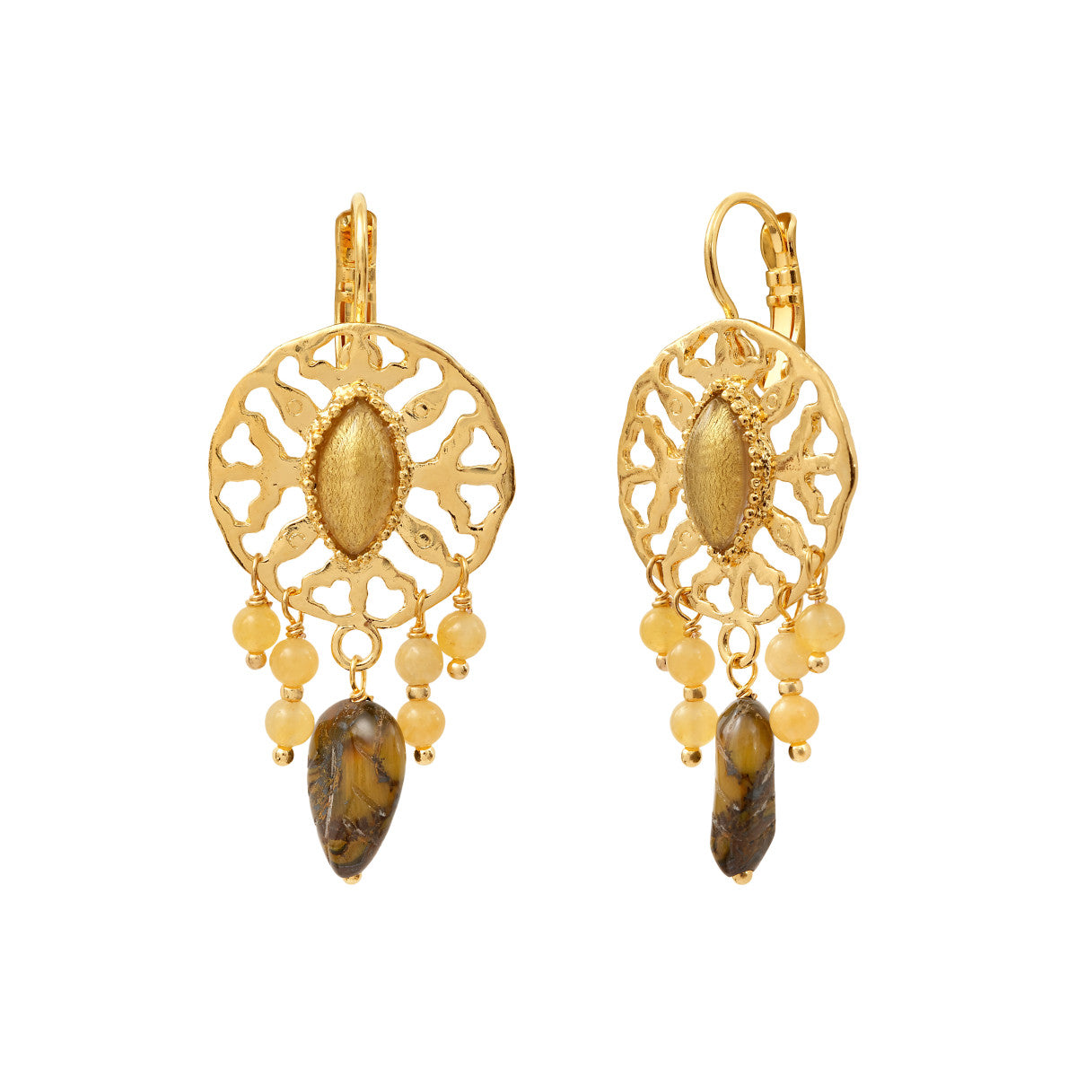 Boucles d'oreilles dormeuses Arizona Dream oeil de tigre et jade teinté - doré Dore