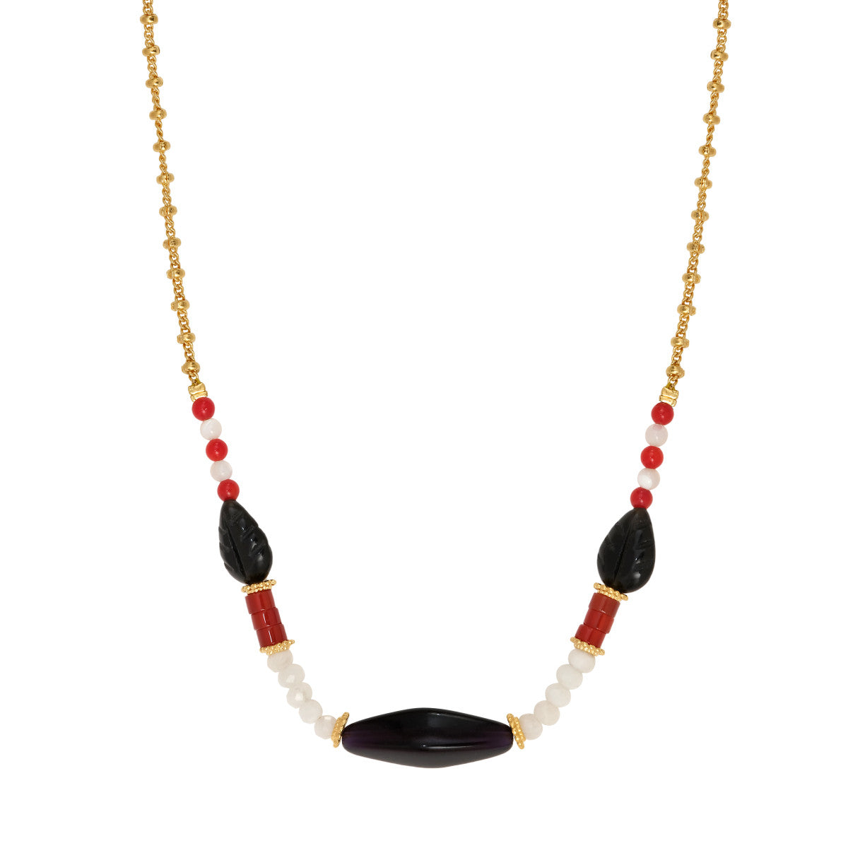 Collier court réglable Arizona Dream obsidienne agate rouge et nacre - noir Noir blanc