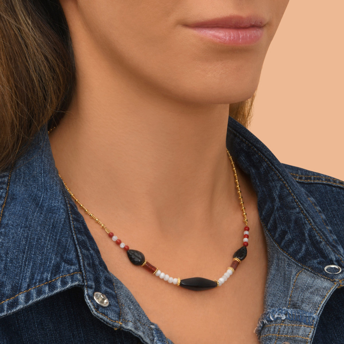 Collier court réglable Arizona Dream obsidienne agate rouge et nacre - noir Noir blanc
