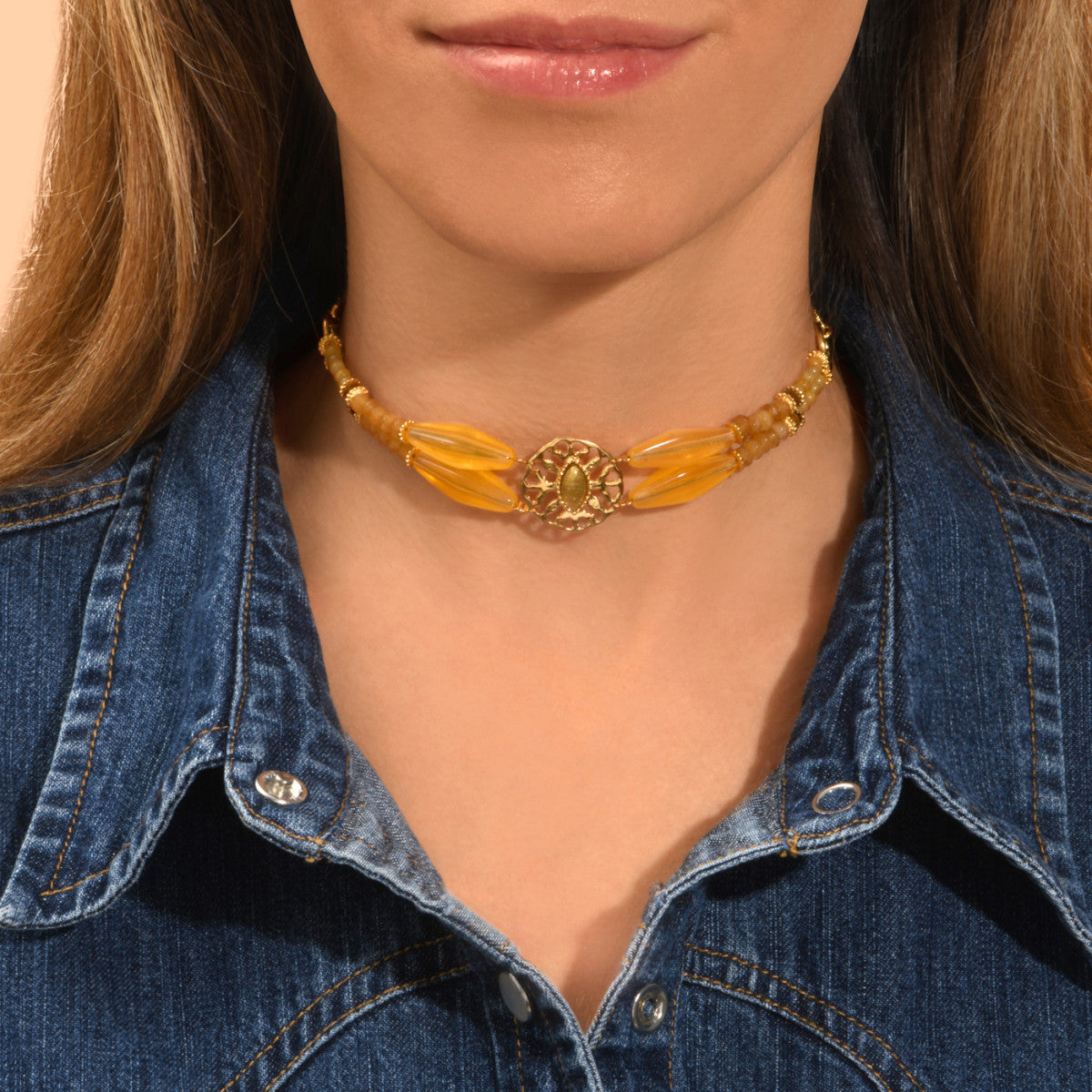 Collier ras-de-cou double rang Arizona Dream cabochon pâte de verre - doré Dore