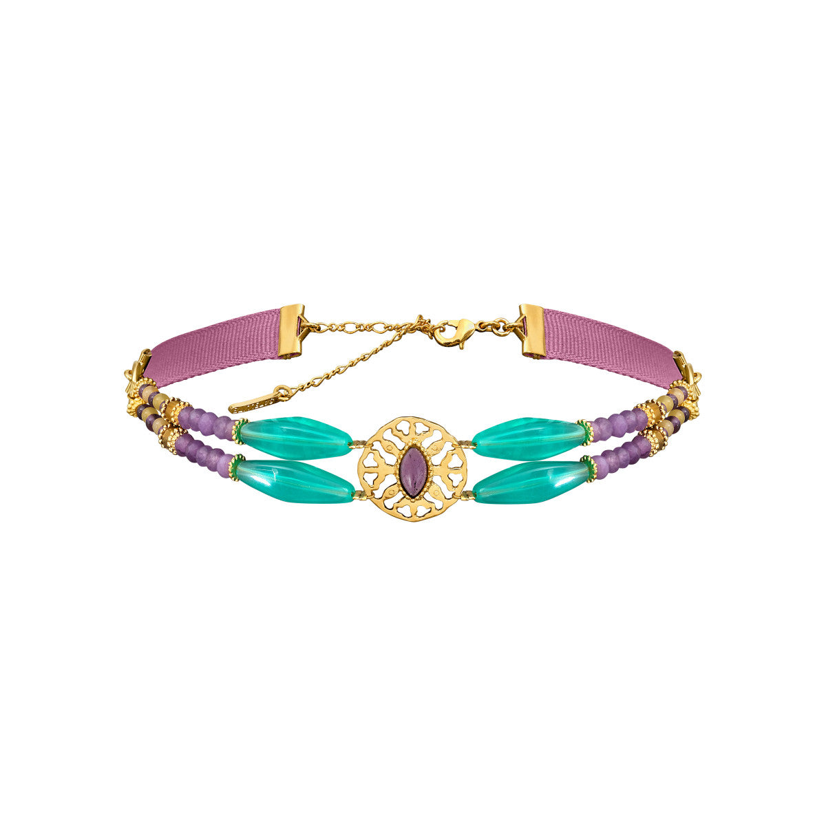 Collier ras-de-cou double rang Arizona Dream cabochon pâte de verre - violet Vert violet