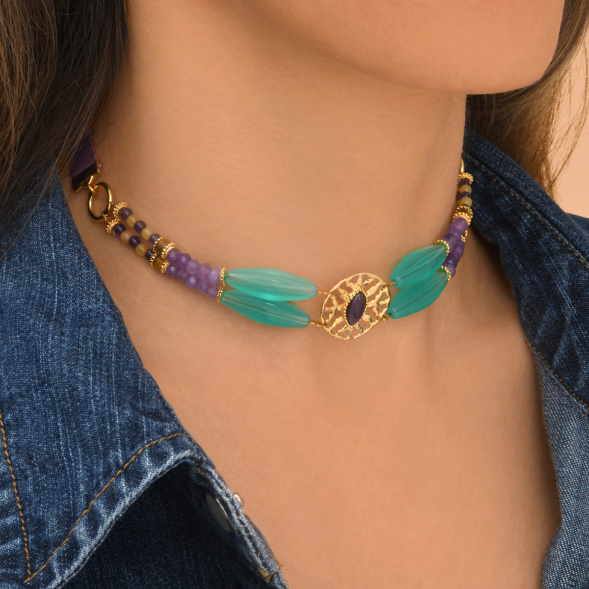 Collier ras-de-cou double rang Arizona Dream cabochon pâte de verre - violet Vert violet