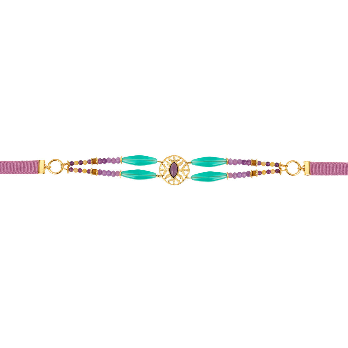 Collier ras-de-cou double rang Arizona Dream cabochon pâte de verre - violet Vert violet