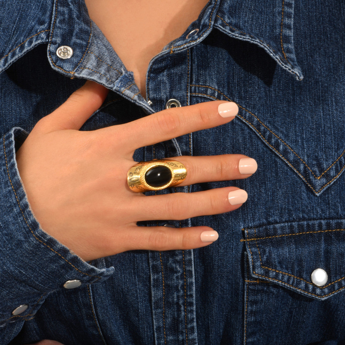 Bague large ajustable Arizona Dream cabochon onyx et patine - noir Noir