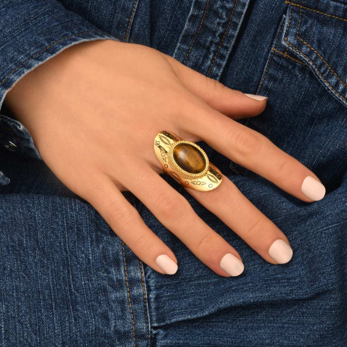 Bague large ajustable Arizona Dream cabochon oeil de tigre - doré Dore
