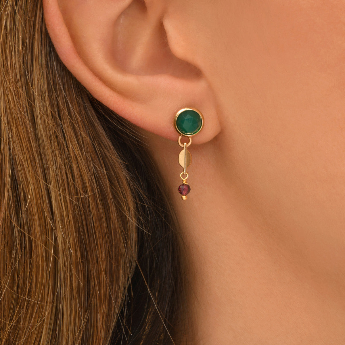 Boucles d'oreilles Babylone agate et grenat - vert Agate verte