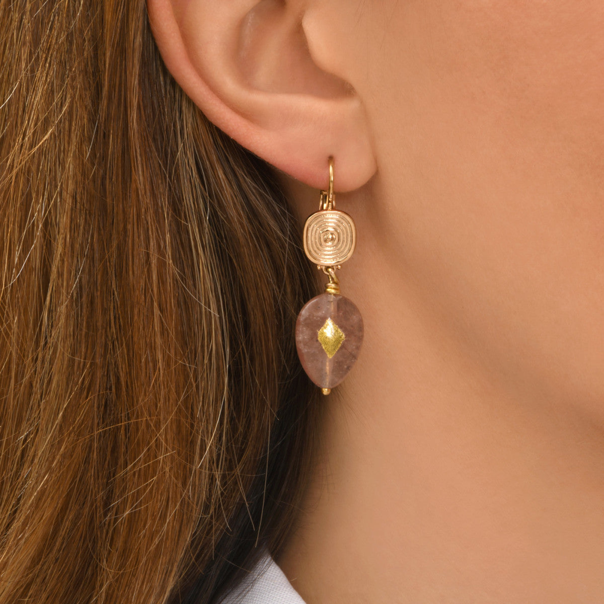 Boucles d'oreilles dormeuses Babylone quartz fraise - rose Strawberry quartz