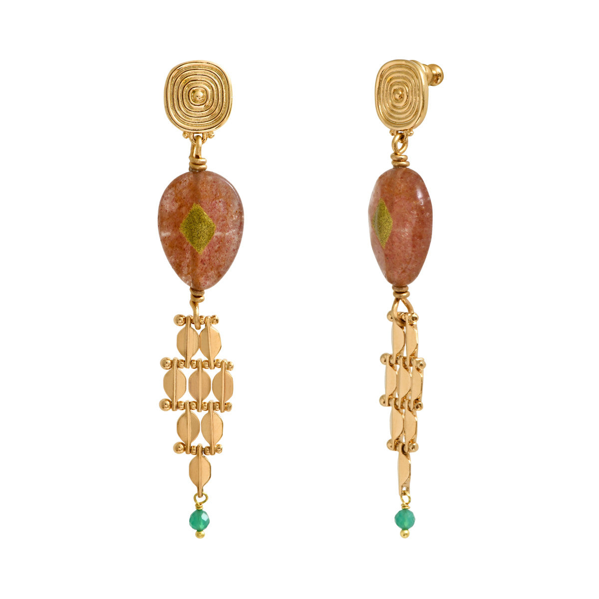 Boucles d'oreilles pendantes Babylone maille bijou quartz fraise - rose Strawberry quartz