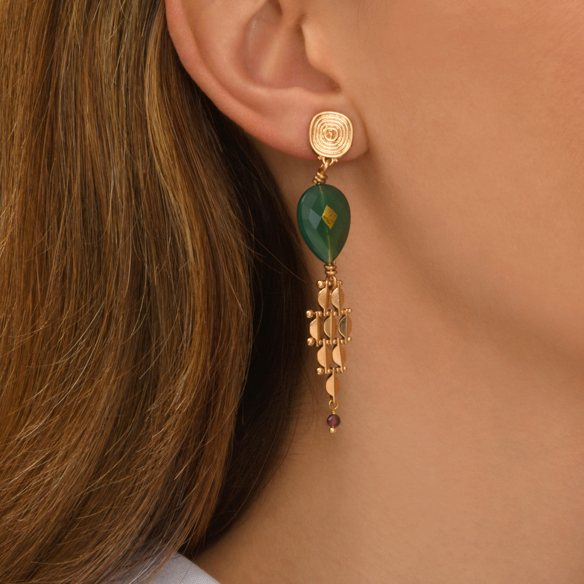 Boucles d'oreilles pendantes Babylone maille bijou agate - vert Agate verte