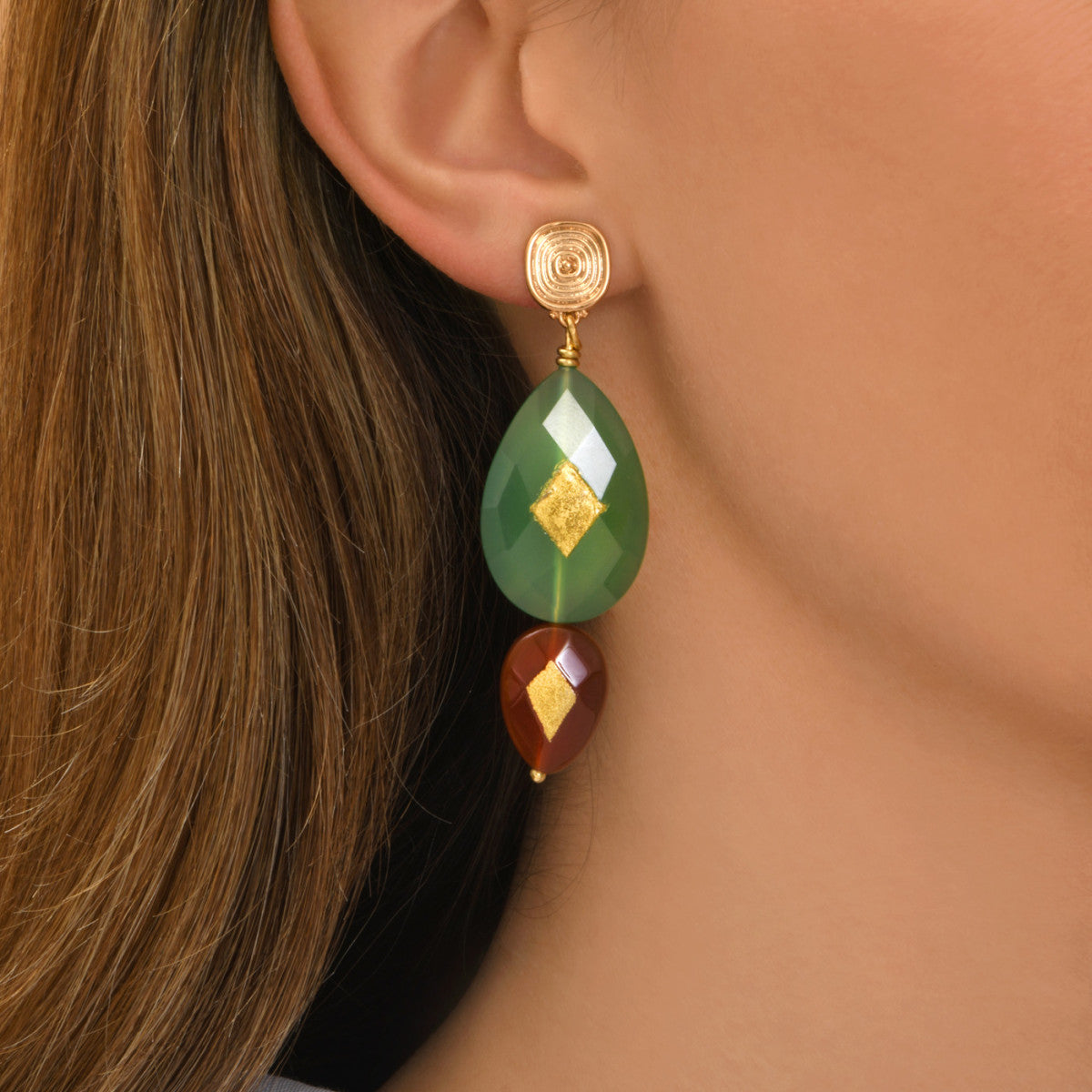 Boucles d'oreilles clips Babylone agate et cornaline - vert Agate verte