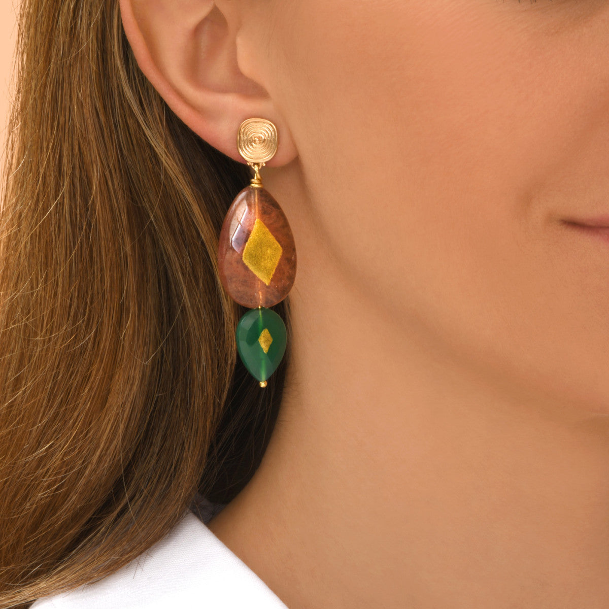 Boucles d'oreilles clips Babylone quartz fraise et agate verte - rose Strawberry quartz