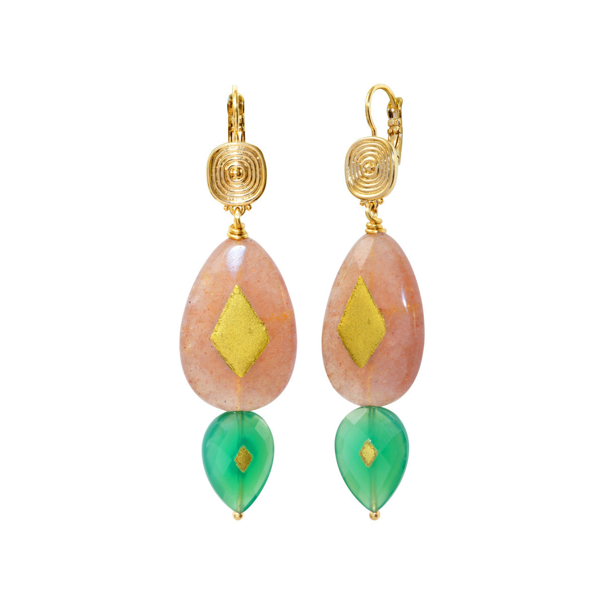 Boucles d'oreilles Babylone quartz fraise et agate verte - rose Strawberry quartz