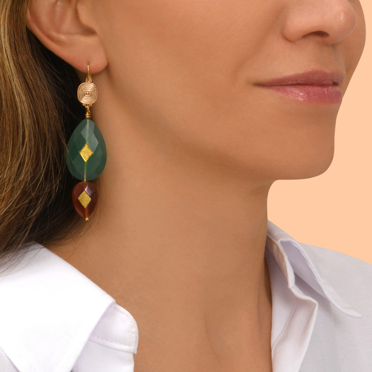 Boucles d'oreilles dormeuses Babylone agate et cornaline - vert Agate verte