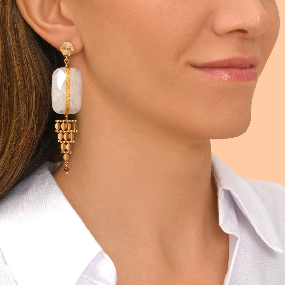 Boucles d'oreilles Babylone cristal de roche soie et maille bijou - blanc Cristal