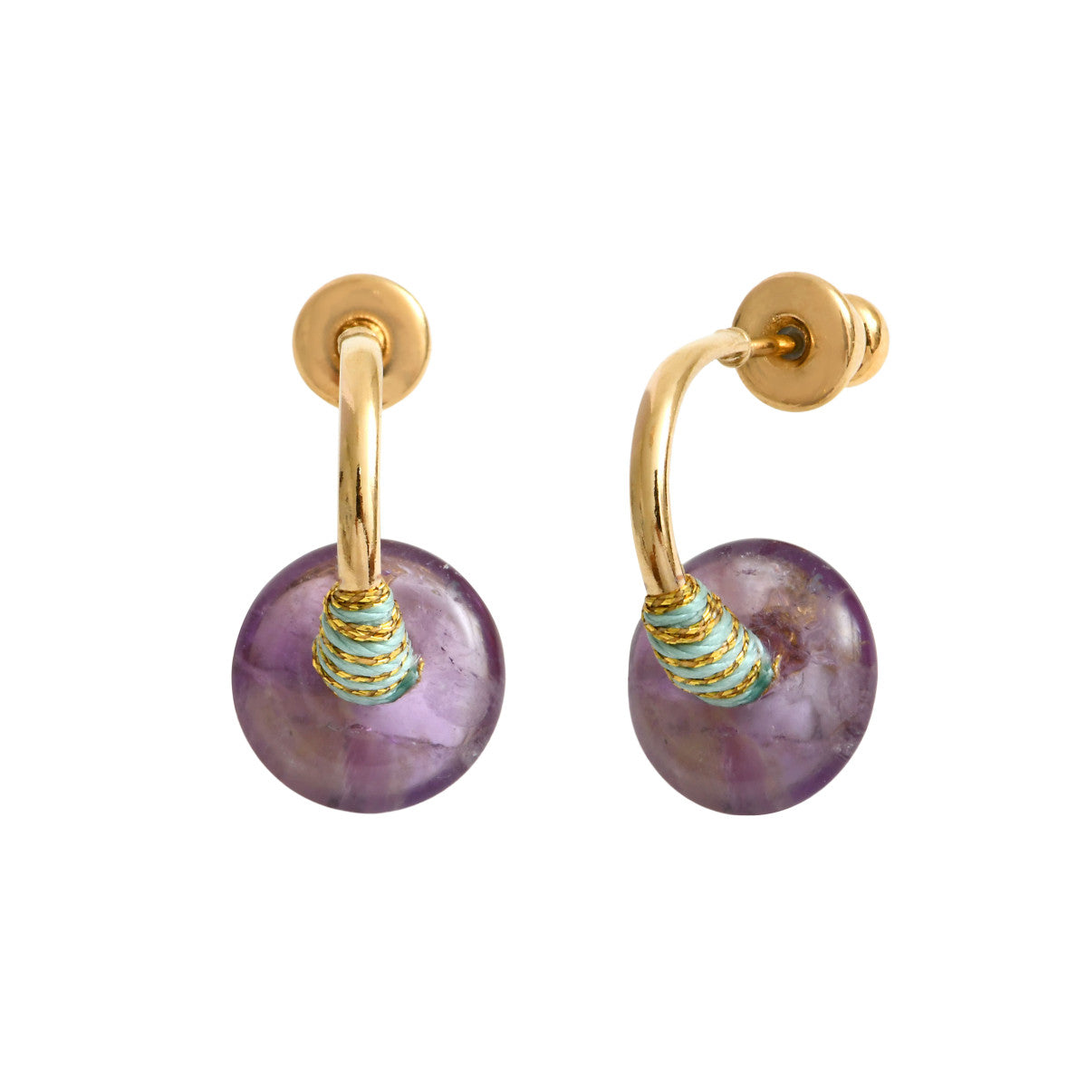 Mini boucles d'oreilles créoles Babylone améthyste et fils de soie - violet Amethyste
