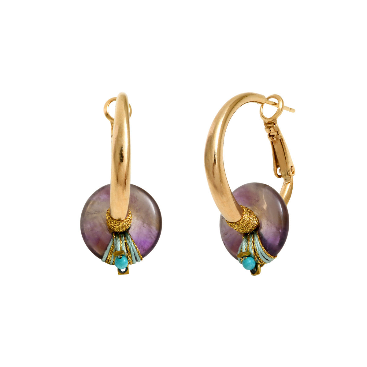 Petites créoles Babylone améthyste, turquoise et fils de soie - violet Amethyste
