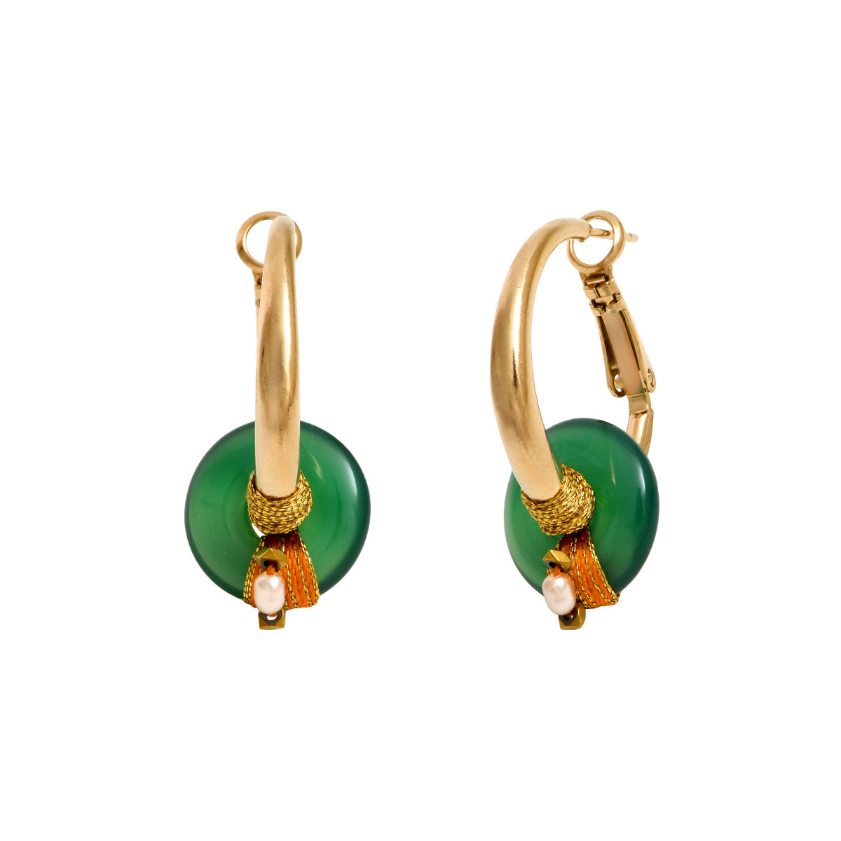 Petites créoles Babylone agate, perles de rivière et fils de soie - vert Agate verte