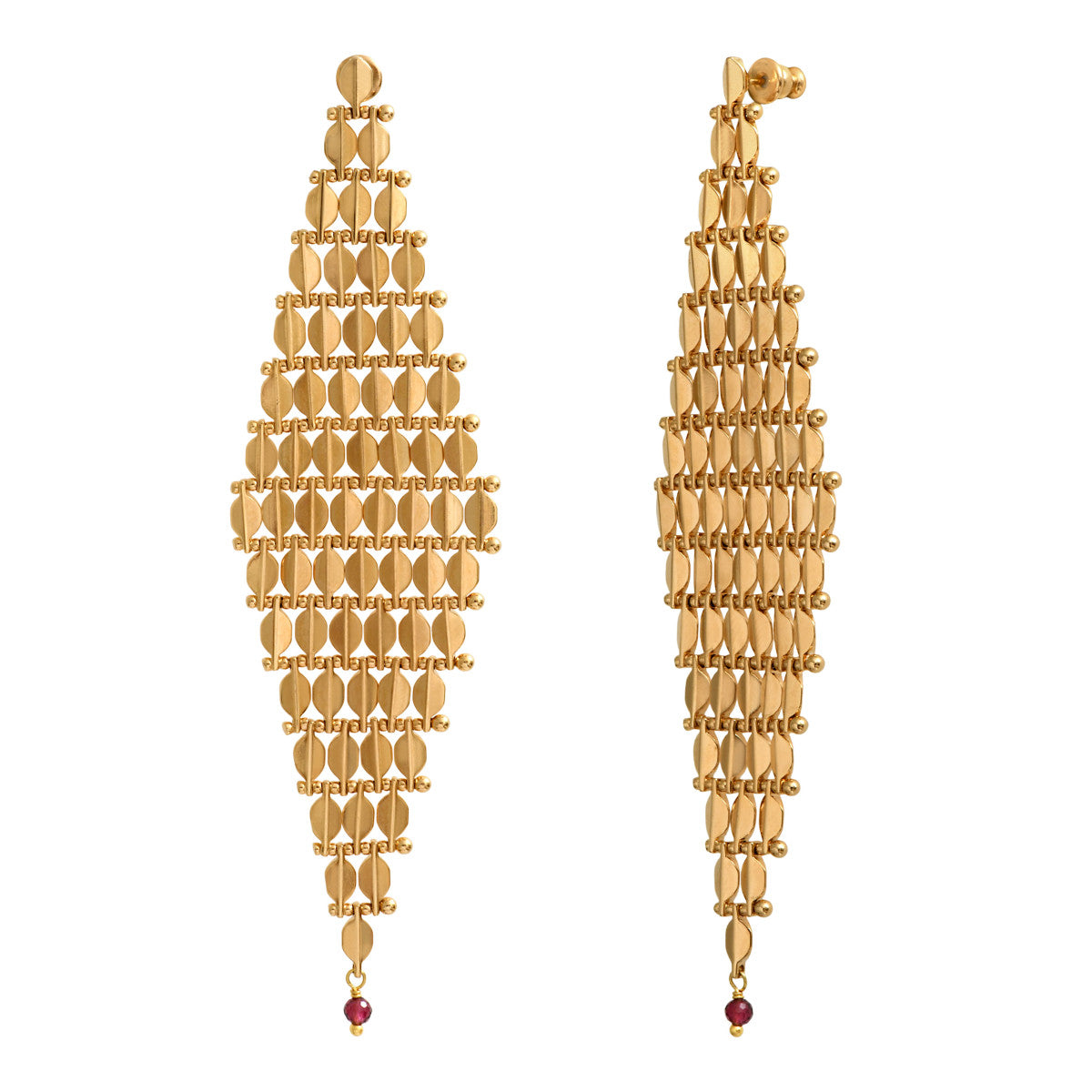Boucles d'oreilles pendantes Babylone maille bijou grenat - doré Dore